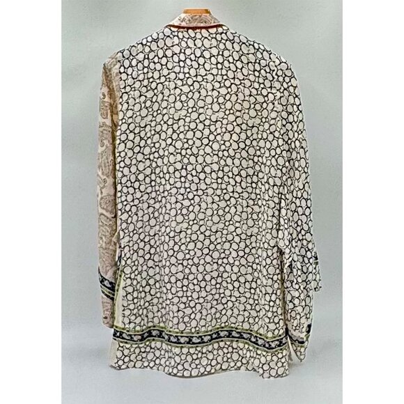 BCBG MaxAzria 100% Silk Kimona Geometric Paisley Navy Tan - Picture 6 of 6